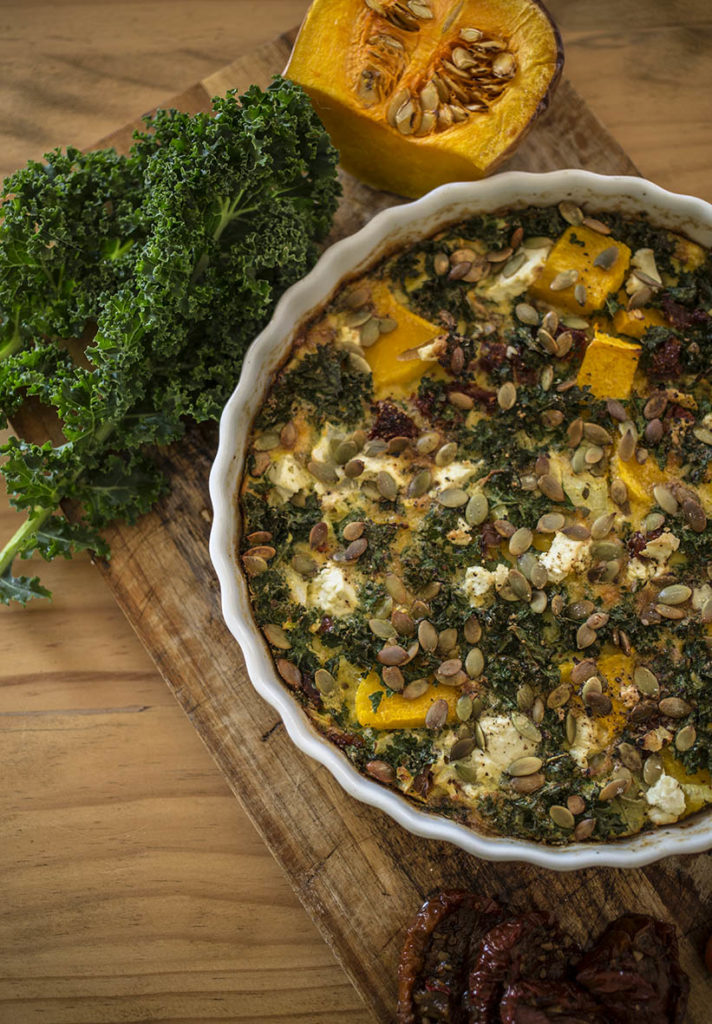 Butternut Squash, Kale and Sundried Tomato Crustless Quiche. Grain free, gluten free and dairy free.