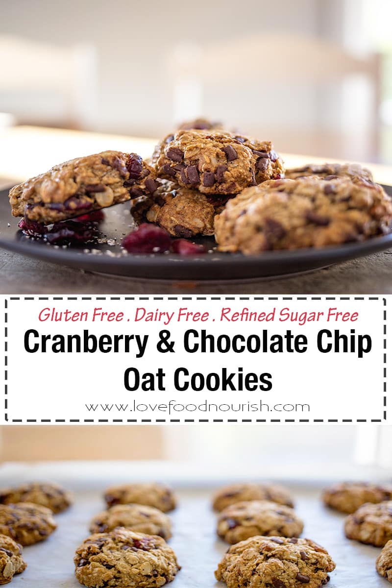 You will love these tasty oat cookies with their blend of cranberry and cacao chips and their moreish chewy texture. These cookies are a healthy version of the traditional chocolate chip cookie! Perfect to enjoy with a cup of tea or to make as a gluten free Christmas cookie! #oatcookies #glutenfreebaking #healthyrecipes #healthysnacks #cookies #christmascookies #glutenfree #dairyfree #glutenfreechristmas