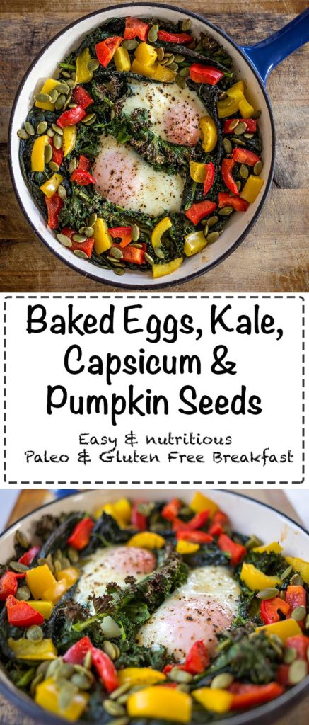 Baked Eggs, Kale, Capsicum & Pumpkin Seeds - An easy nutritious breakfast that is paleo and grain free.