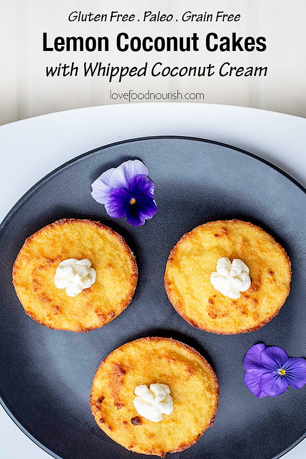 These mini lemon coconut cakes with whipped coconut cream are the perfect little treat! They are so simple to make and can be whipped up pretty quickly. Paleo, gluten free, grain free and dairy free. #glutenfreerecipes #grainfree #lemoncake #paleodessert #dairyfree #paleo #glutenfree