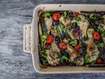Meditteranean baked chicken with eggplant,zucchini, tomato, olives and basil - So easy and delicious, all baked in the one dish, a quick and easy dinner that will impress