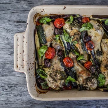 Meditteranean baked chicken with eggplant,zucchini, tomato, olives and basil - So easy and delicious, all baked in the one dish, a quick and easy dinner that will impress