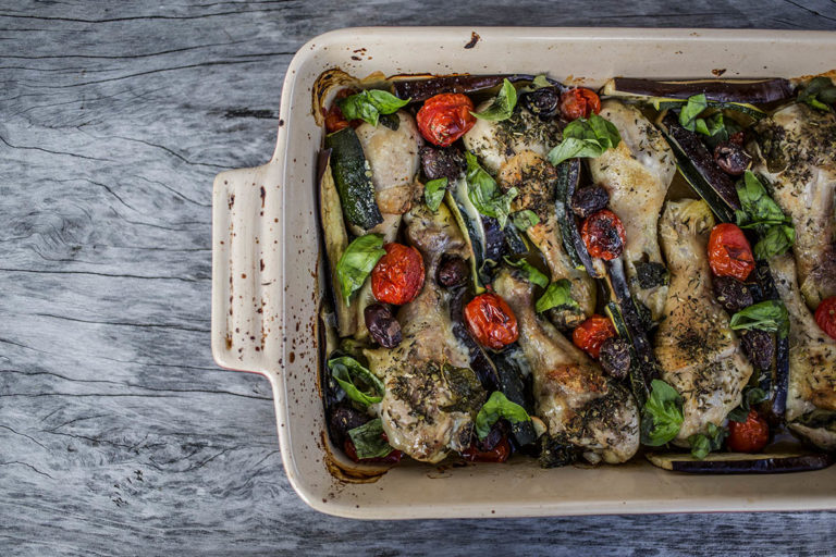 Meditteranean baked chicken with eggplant,zucchini, tomato, olives and basil - So easy and delicious, all baked in the one dish, a quick and easy dinner that will impress