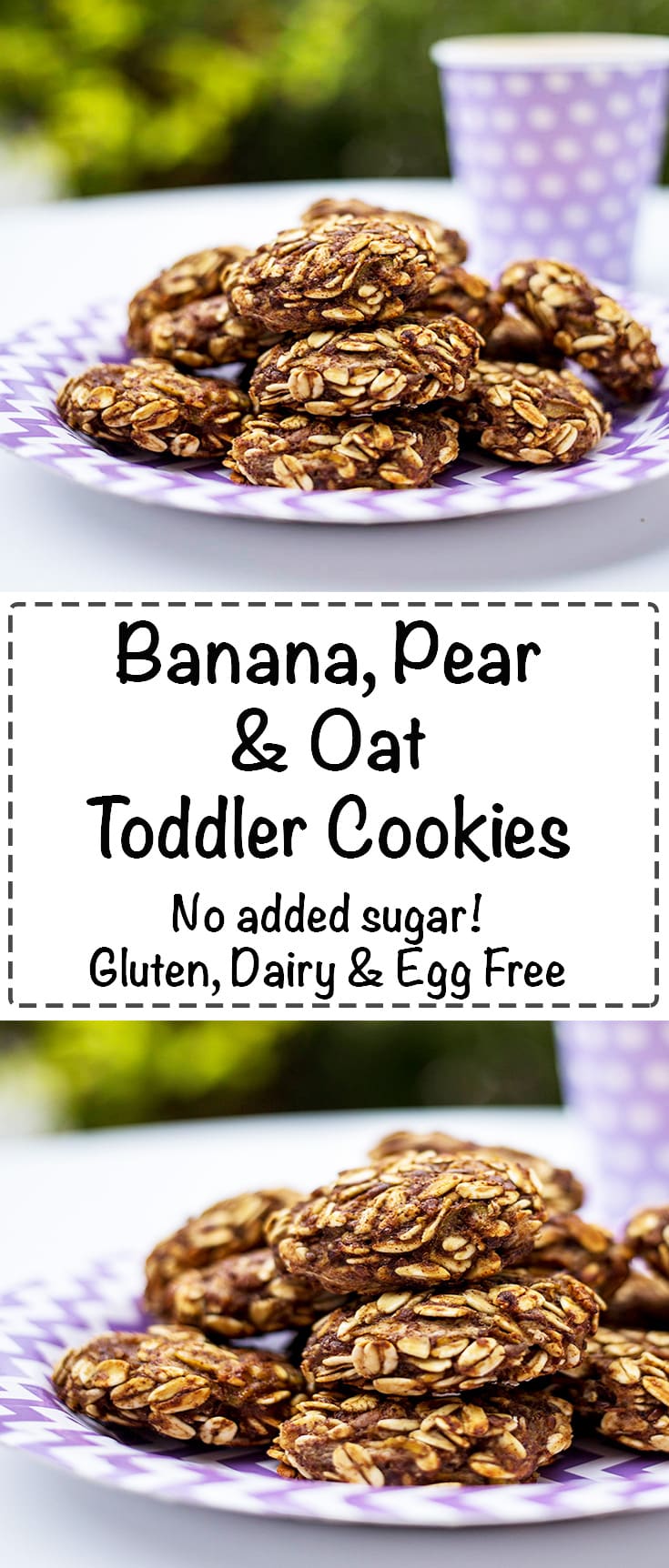 Banana, Pear & Oat Toddler Cookies. No added sugar or sweetener. Healthy, easy, allergy friendly and your toddlers will love them! #glutenfree #sugarfree #glutenfreecookies #dairyfree #eggfree #vegan #glutenfreebaking #eggfreebaking