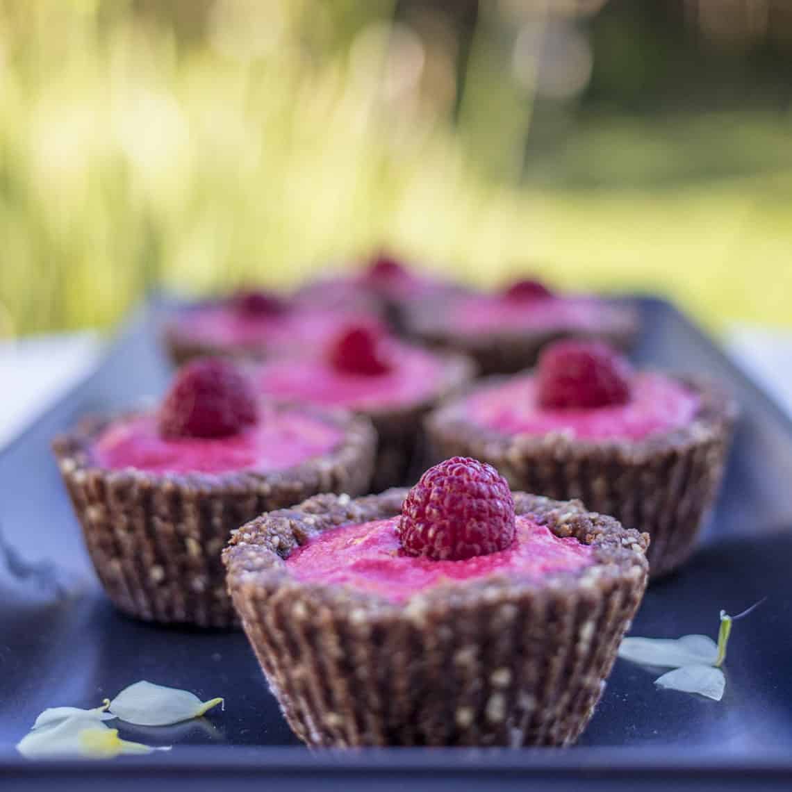 Raw Rasperrby Tarts with a Cacao Nut Base - Delcious and full of flavour, so easy to make. Gluten Free, Vegan, & Refined Sugar Free.