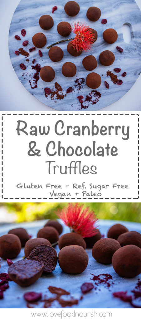 Decadent, rich, bittersweet and chocolatey - Yum these raw vegan cranberry and chocolate truffles can be whipped up in 15 minutes. Gluten free, refined sugar free, dairy free, vegan, paleo.