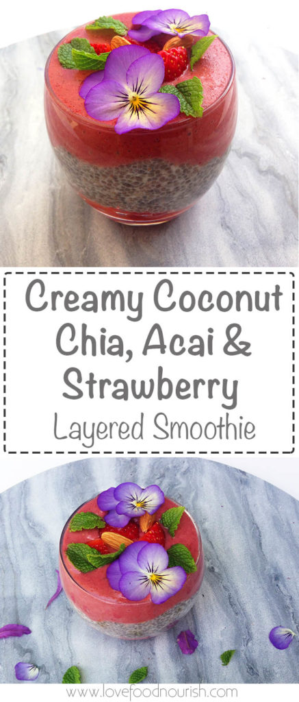 A delicious and nutritious smoothie with a creamy coconut chia layer. fresh strawberries and a smooth stwaberry, acai and banana layer. A tasty but slightly decadent breakfast or healthy gluten free dessert. Gluten Free, Dairy Free, Raw, Vegan, Sugar Free.