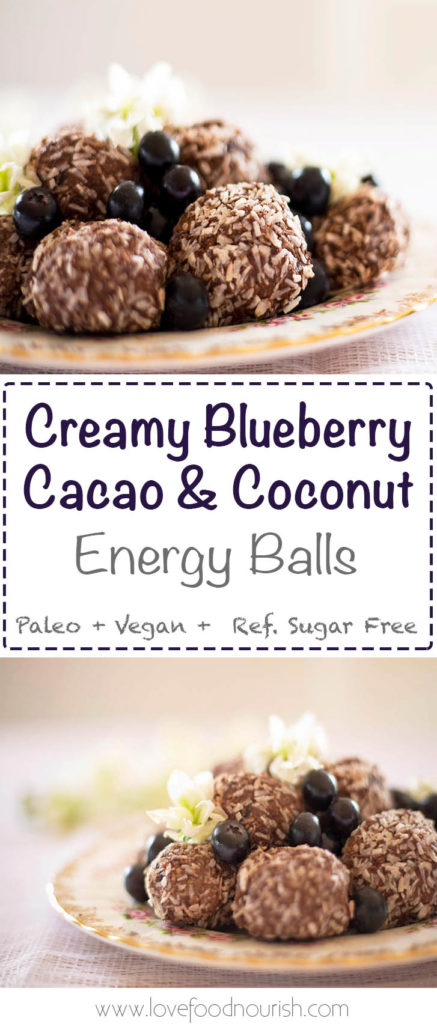 Creamy Blueberry Bliss Balls with Cacao & Coconut - A healthy and delicious sweet treat that will give you a burst of energy. Gluten Free, Paleo, Raw, Vegan, Dairy Free, Refined Sugar Free.
