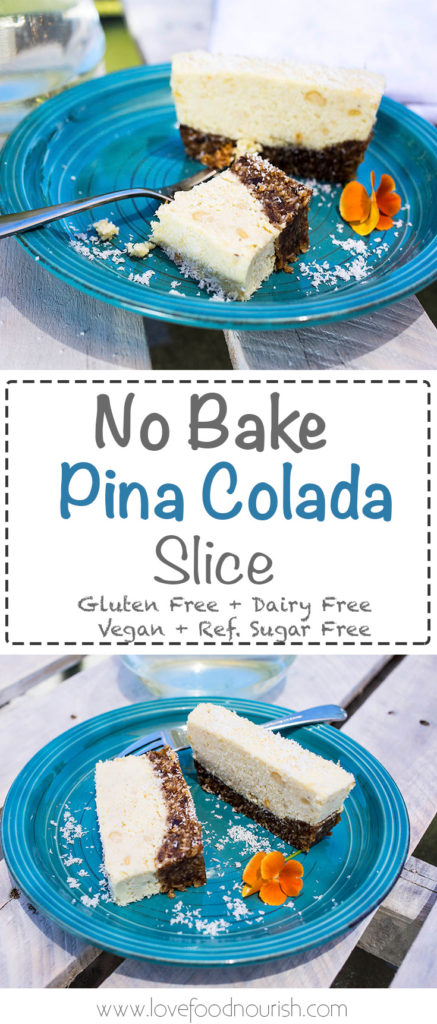 No Bake Pina Colada Slice - A delicious slice full of the tropical flavours of pineapple, creamy coconut and lime. Gluten Free, Dairy Free, Refined Sugar Free, Vegan, Paleo.
