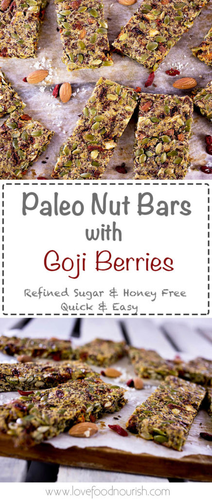 Easy to make paleo nut bars. A homemade "granola" bar without the grains, refined sugar or honey, naturally sweetened with goji berries. Gluten Free, Dairy Free, Refined Sugar Free, Grain Free.