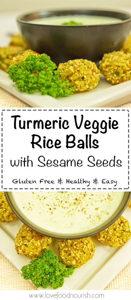 Turmeric Veggie Rice Balls with Sesame Seeds - A tasty gluten free appetizer or healthy snack for kids, can easily go into lunchboxes. Gluten Free & Dairy Free.