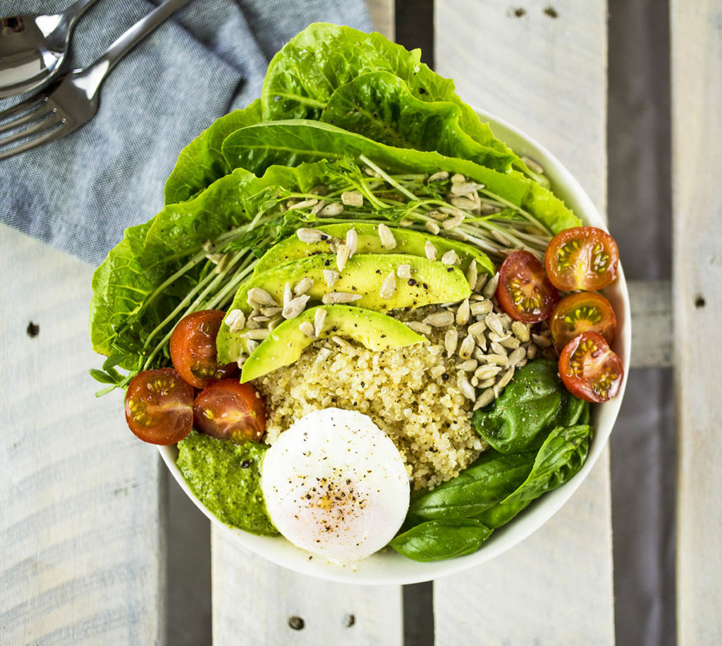 Quinoa Breakfast Bowl with Poached Egg, Avocado & Pesto