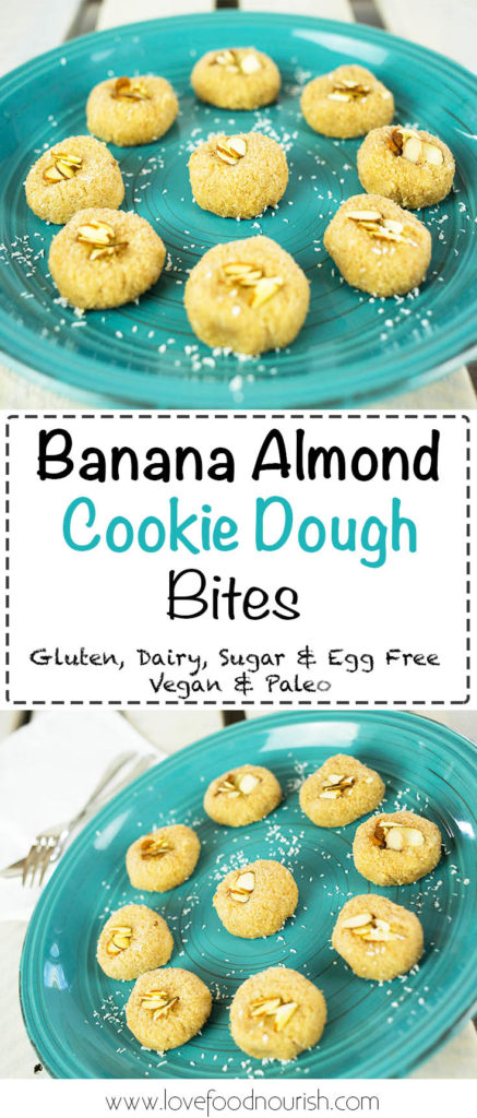 These healthy banana almond cookie bites are the easiest sweet treat you will make! So tasty and perfect for kids. No added sugar, honey or sweetener. Gluten free, grain free, sugar free, egg free, vegan and paleo.