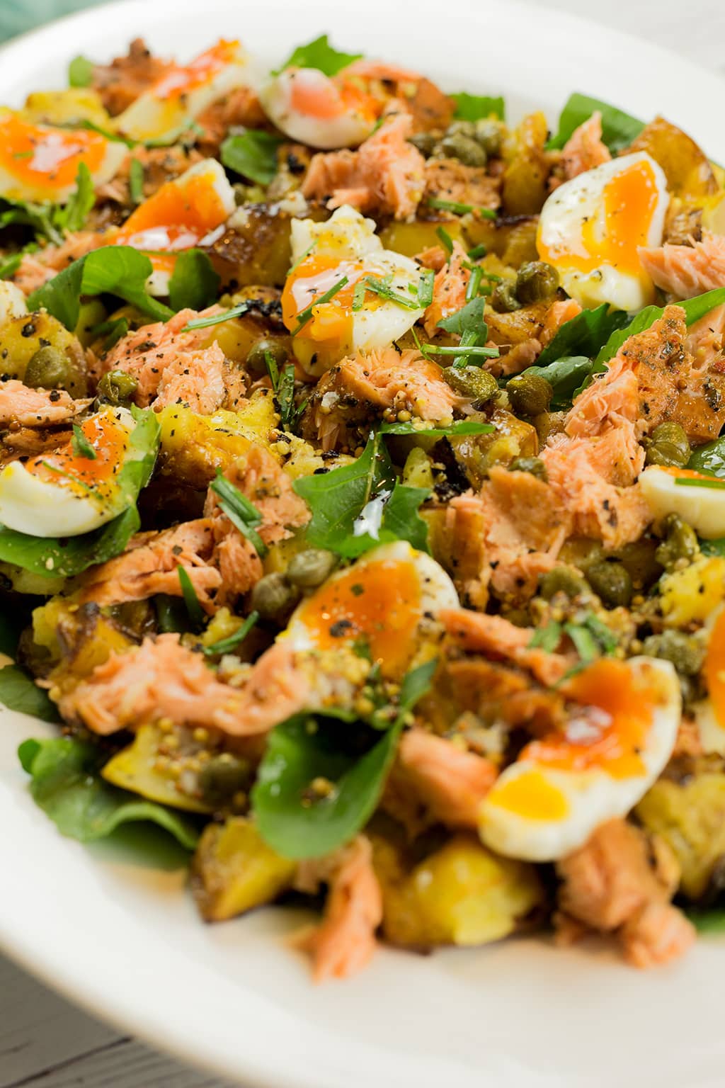 Hot Smoked Salmon Salad with Egg & Smashed Mustard Potatoes - Love Food ...