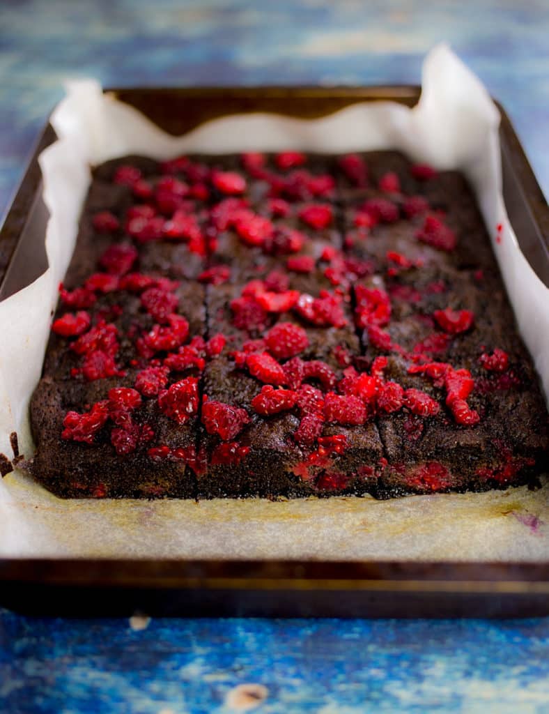 Tray with chocolate raspberry brownies