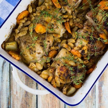 One Dish Chicken and White Beans with Thyme - A simple rustic meal that is full of flavour.