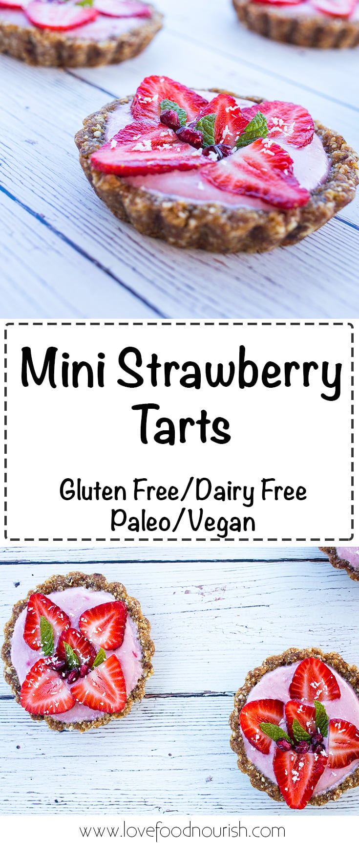 Mini Strawberry Tarts - Fresh, fruity & creamy these gluten free & paleo strawberry tarts are full of fresh strawberry flavor. No baking required! #paleo #paleodessert #vegan #gluten free #glutenfreedessert #strawberries #tart #dairyfree