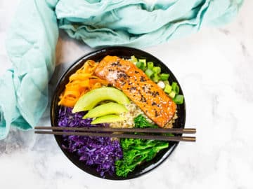You will love this Gluten Free Teriyaki Salmon Bowl! This healthy salmon bowl makes a healthy and easy dinner that is full of veggies and flavour. #healthyasianfood #glutenfree #teriyaki #salmon #ricebowl #asianfood #seafood #teriyakisalmon #glutenfreedinner