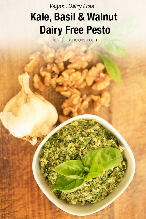 Kale, Basil & Walnut Dairy Free Pesto. This vegan pesto is so quick and easy, a tasty way to get more greens into your family! A vegan pesto that goes perfectly on your favorite platter. #veganpesto #dairyfreepesto #paleo #glutenfree #kale #basil #kalepesto #basilpesto #pesto #vegan #dairyfree #healthypesto