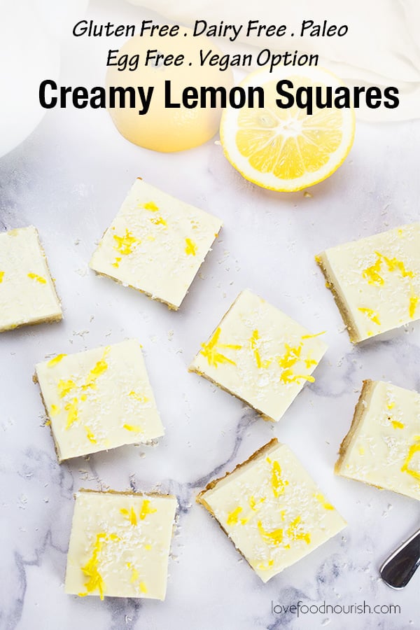 You will love these creamy lemon squares or lemon bars. This easy dessert is a crowd pleaser that is light and refreshing. These creamy lemon squares will melt in your mouth with the perfect sweet - tart balance. These lemon squares are gluten free, dairy free, paleo, egg free and refined sugar free making them an easy dessert for all to enjoy. #lemon #paleodessert #paleo #dairyfreerecipes #dairyfreedessert #eggfree #glutenfreedesserts #glutenfreebaking #paleodessert #lemonbars #lemondessert #easydessert