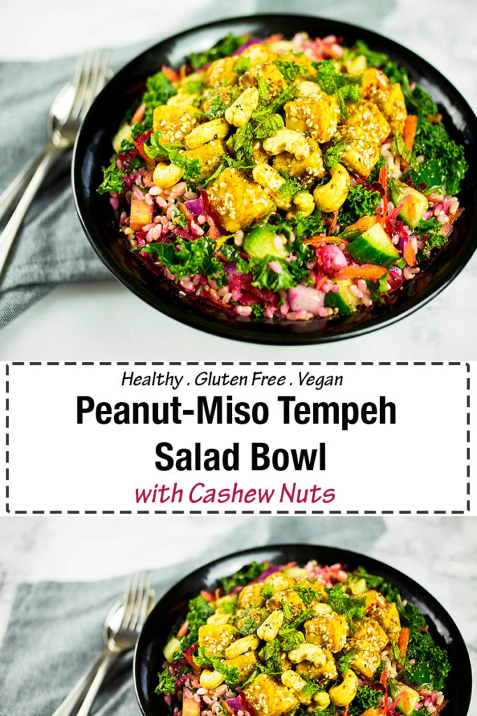 Peanut-Miso Tempeh Salad Bowl with Cashew Nuts - A hearty, healthy and delicious vegan rice salad with marinated tempeh and cashew nuts.#salad #glutenfree #vegan #vegandinner #tempeh #saladbowl #glutenfreedinner #ricesalad #ricebowl #glutenfreevegan