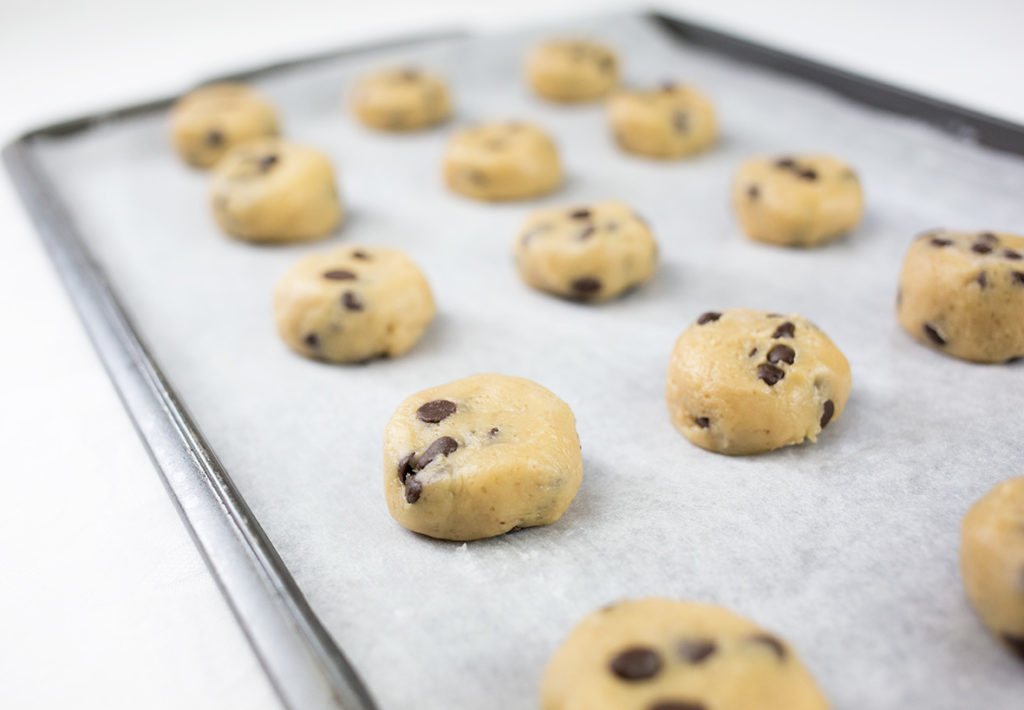 Gluten Free Chocolate Chip Cookies on baking tray ready to bake.
