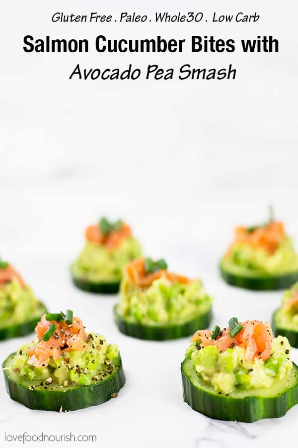 These smoked salmon cucumber bites with avocado pea smash make the perfect healthy appetizer. This easy appetizer requires no baking just keep in the fridge until ready to serve. Paleo, Whole30, low carb, dairy free and gluten free.#paleorecipes #salmon #appetizer #appetizerrecipeslow-carb
#avocadoappetizerrecipes #avocado #salmonrecipes #lowcarbideas #whole30