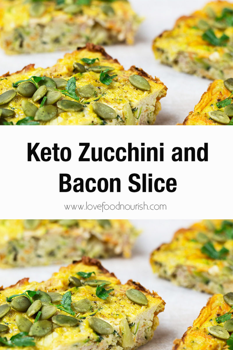 Collage of photos of zucchini and bacon slice iwth text overlay saying Keto Zucchini and Bacon Slice