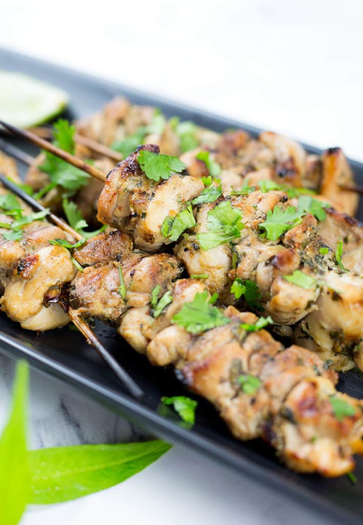 Close up of marinated chicken skewers