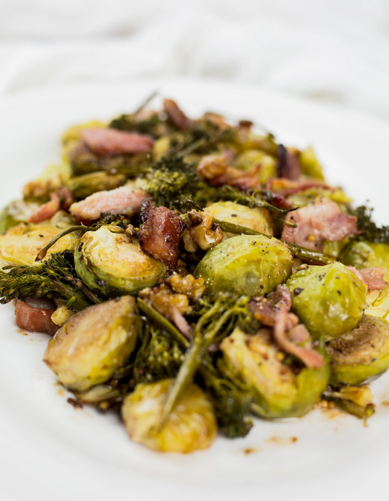 Balsamic Roasted Brussels Sprouts with Bacon, Broccolini & Walnuts