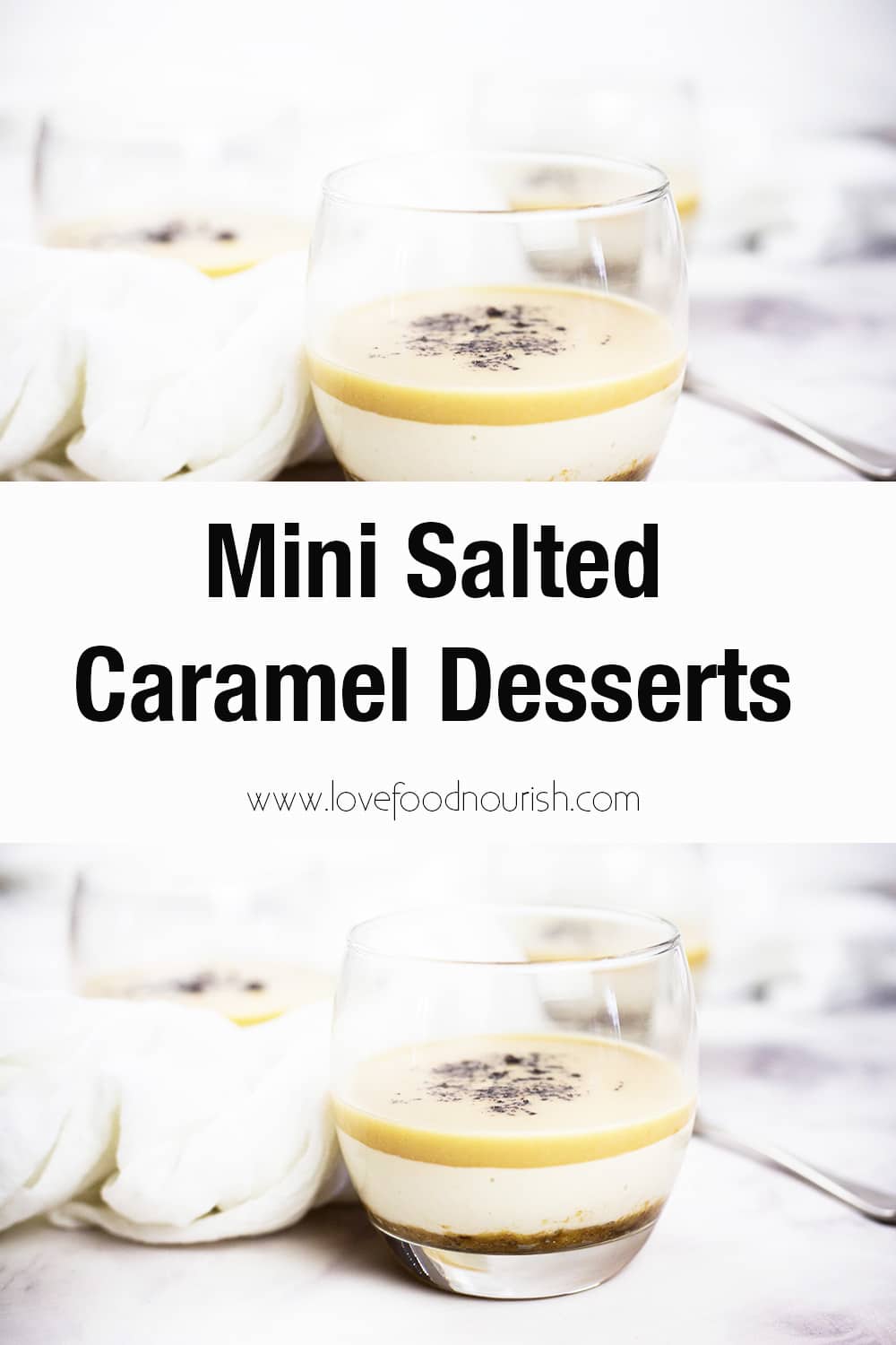 Salted caramel desserts in glasses with white cloth behind. Text overlay saying mini salted caramel desserts.