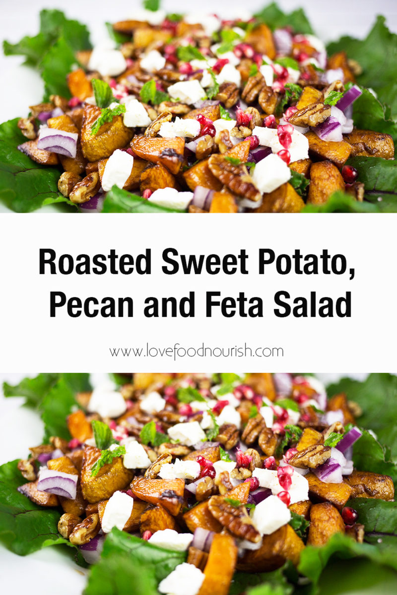 Sweet potato salad pin image with text overlay saying roasted sweet potato, pecan and feta salad, photo of close up of the salad.