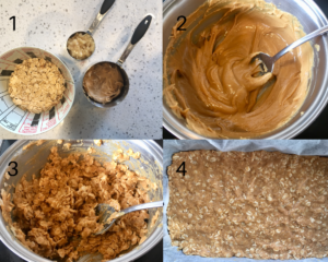 Process shots showing how to make peanut butter oat bars. Collage of ingredients, melted peanut butter and hoey in pan, mixing through oats, pressing down in tray to set in fridge.