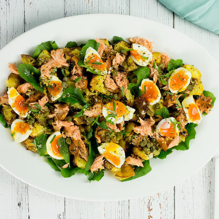 Hot Smoked Salmon Salad with Egg & Smashed Mustard Potatoes