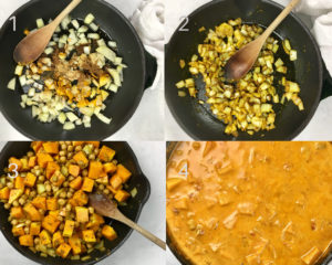 Process shots for making butternut squash curry. Onions and spices being added into the pan, followed by squash and after coconut cream has been added.