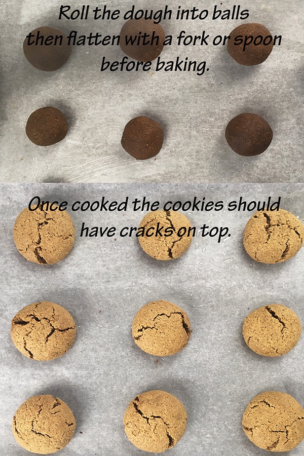 Process shots of cookie dough in balls on baking tray and of cooked ginger molasses cookies on baking tray with cracks on top.
