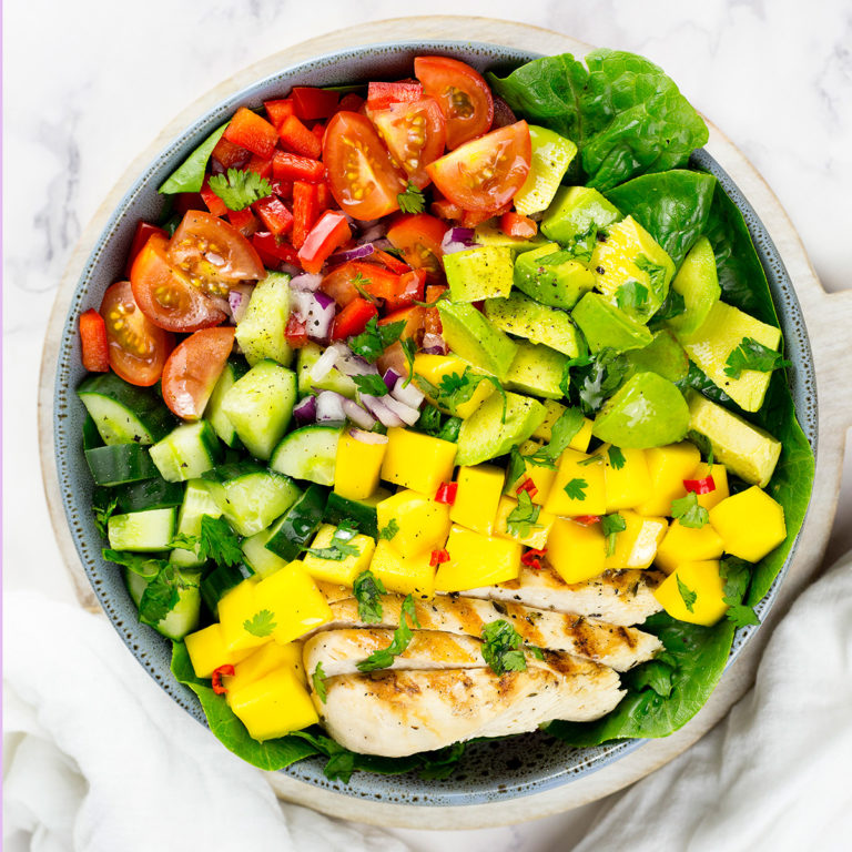 Birdseye view of chicken mango salad square photo