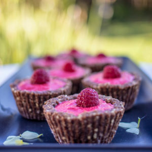 Close up of raspberry tarts for refined sugar free category.