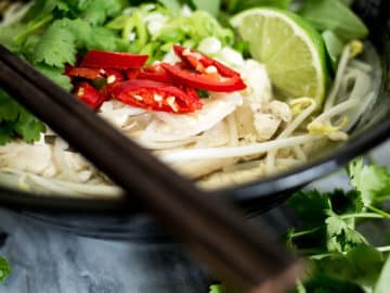 Close up of chicken pho for soy free category.
