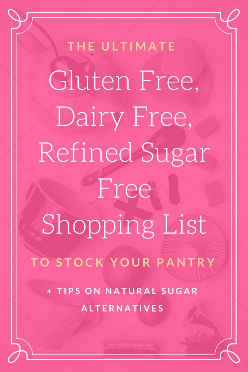 Graphic saying gluten-free, dairy-free, refined sugar free shopping list.