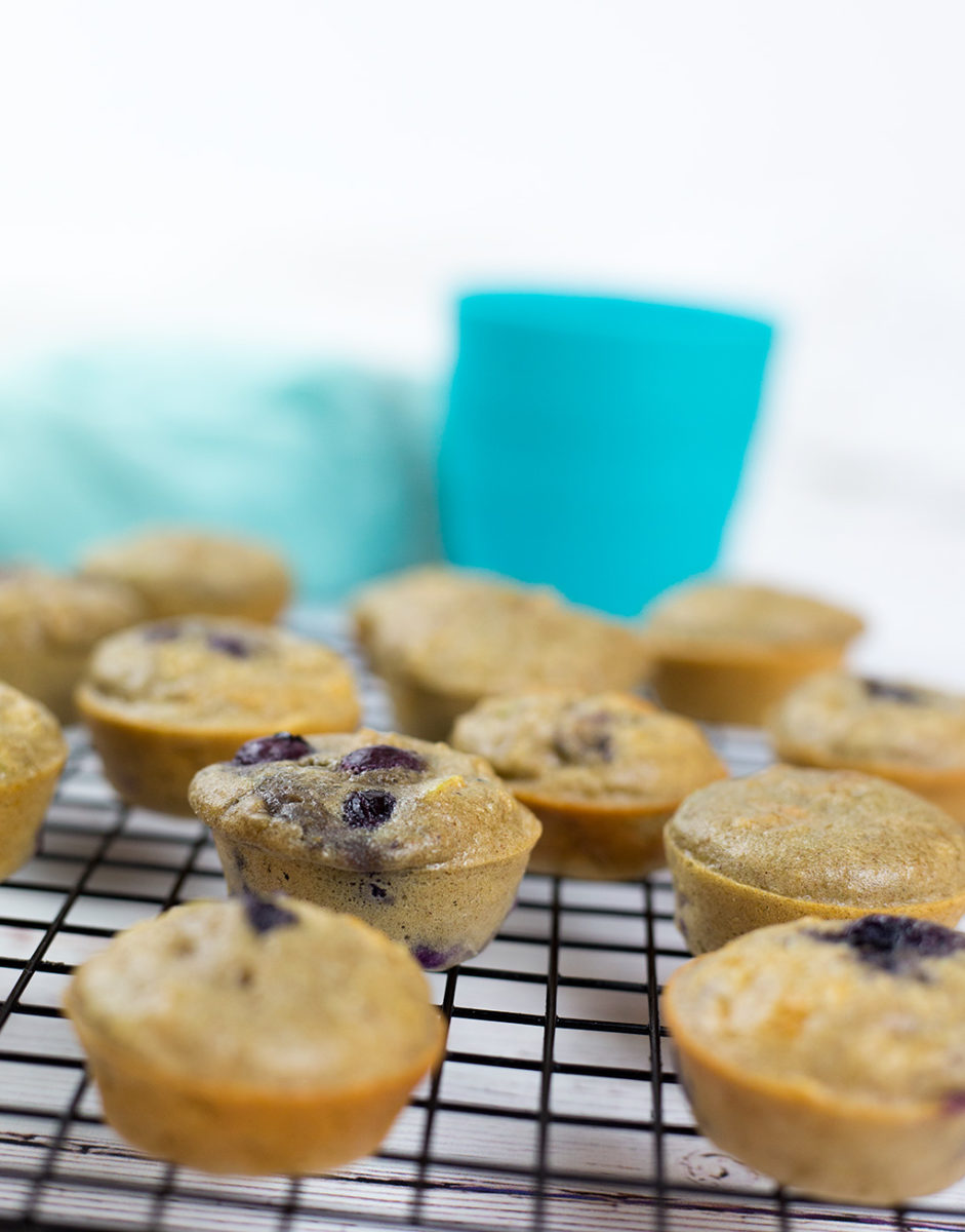 Close up of healthy toddler muffins on tray with blue cloth and cup in background.