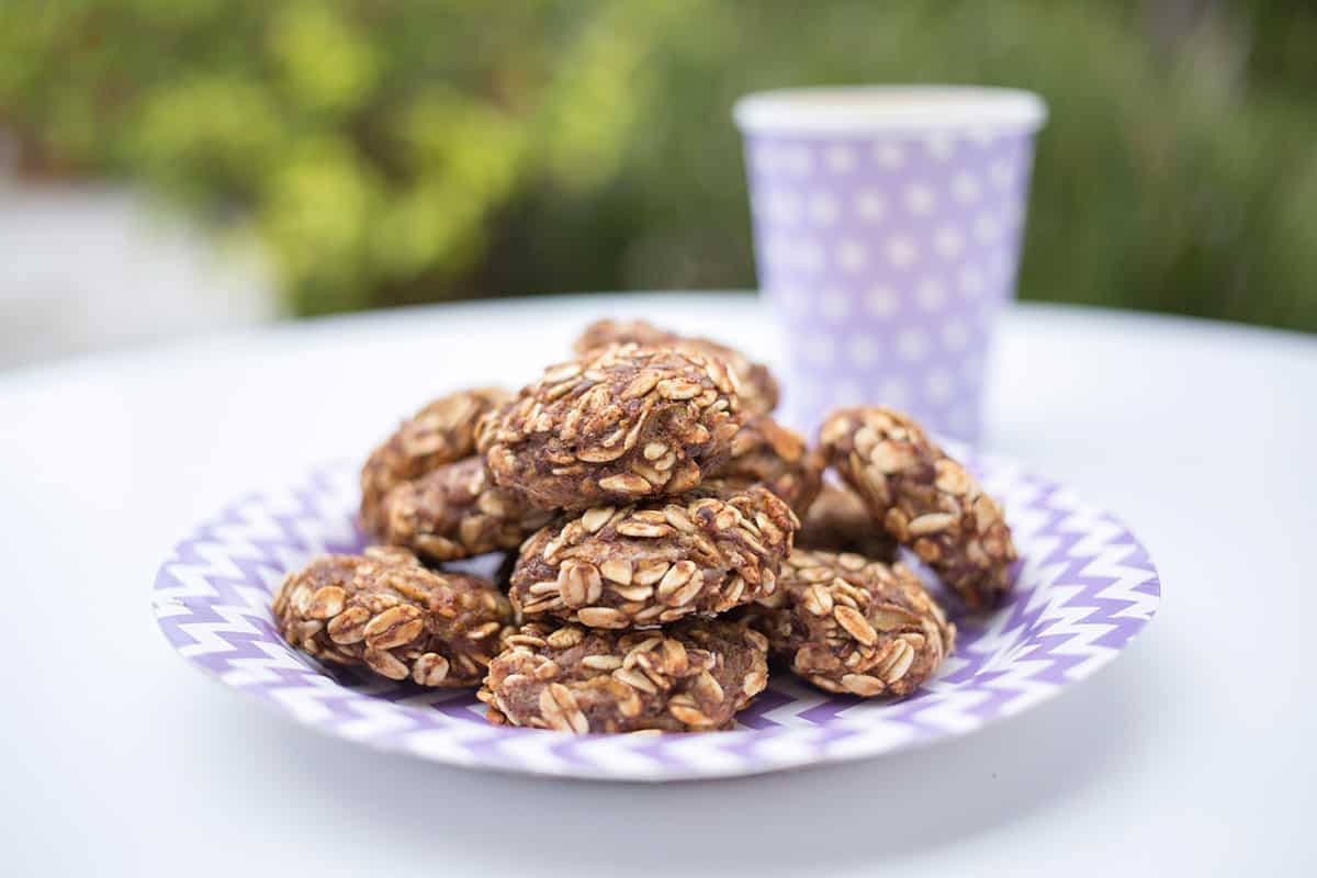 Toddler oat cookies on paper kids plate with cup in the background.