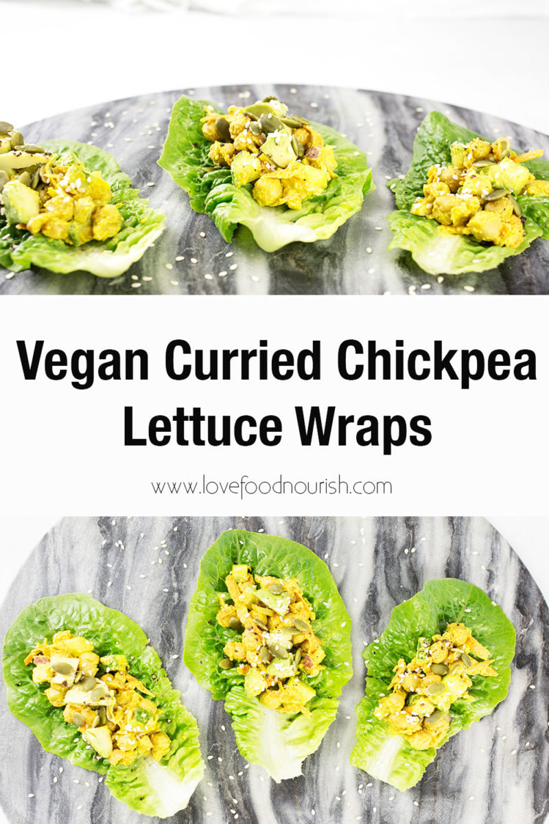 Chickpea lettuce wraps on marble background with text overlay.