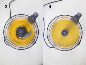 Process shot 3 showing oranges blitzed in food processor. Process shot 4 showing all ingredients blitzed into cake batter.