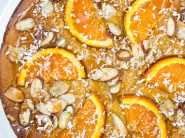 Close up of orange almond cake.