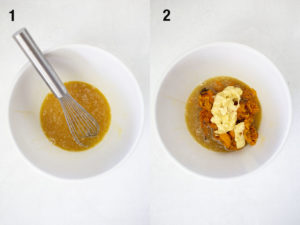 Process shots for pumpkin banana muffins. Liquids then mashed ingredients in a bowl.