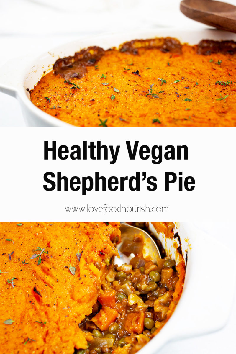Shepherds pie in dish and bottom photo with spoon spooning it out. Text overlay saying healthy vegan shepherds pie.