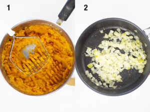 Process shots for Vegan Shepherds pie showing mashing potato and sauteeing onions and garlic.