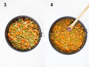 Process shots cooking lentils, walnuts and vegetables in pan.