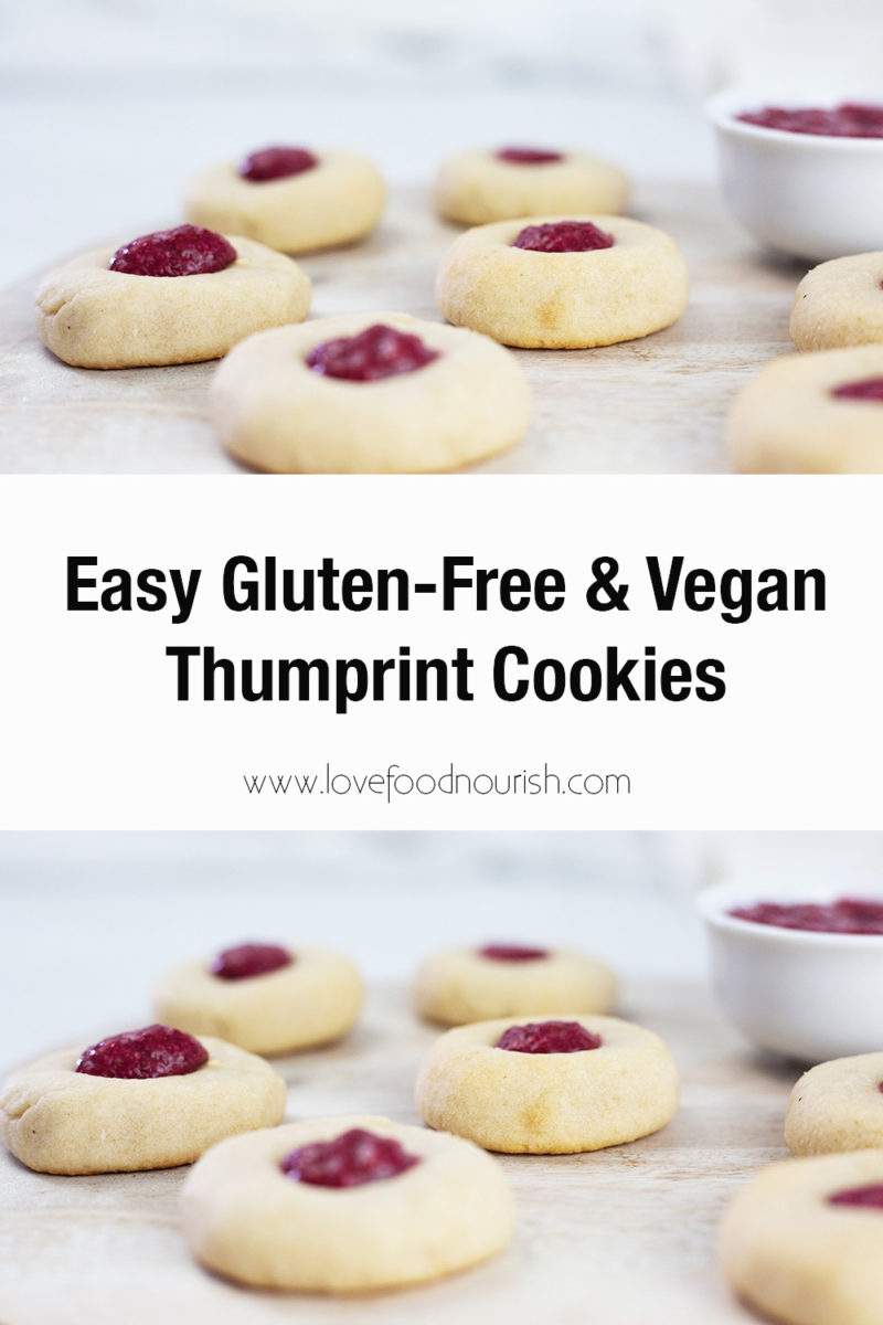 Thumbprint cookies pin image. Photos of cookies on board with jam in background. Text overlay saying easy gluten free and vegan thumbprint cookies.